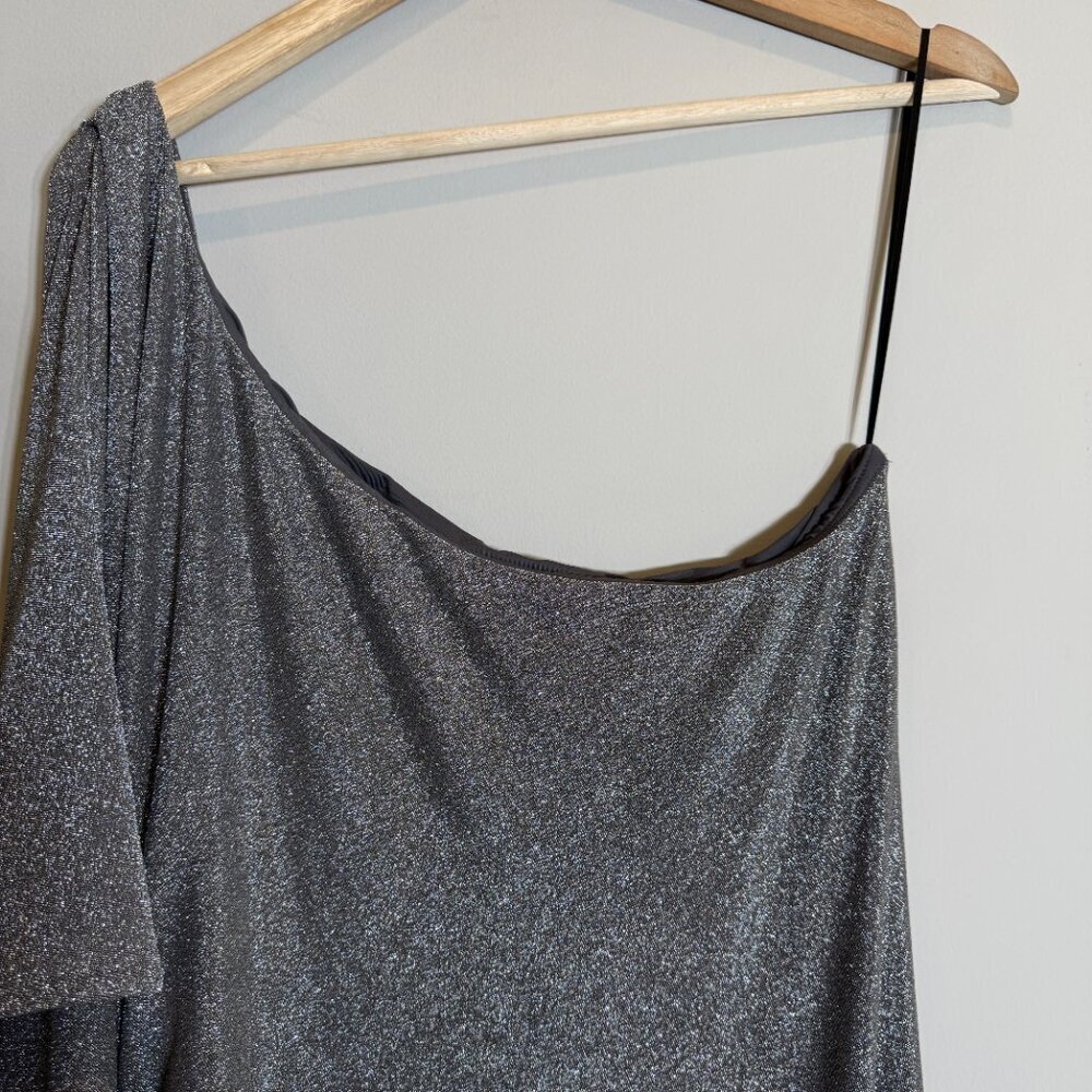 Trina Turk Ratio Ruched One-Shoulder Shimmer Mini Dress Women's XL Silver NWT - Picture 13 of 16